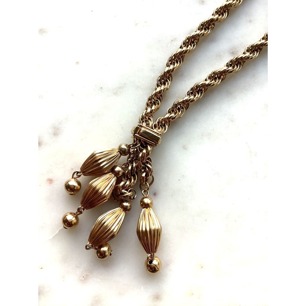 Vintage Lariat Necklace Slider Tassel Gold Tone Chain MCM Style 25" Beads